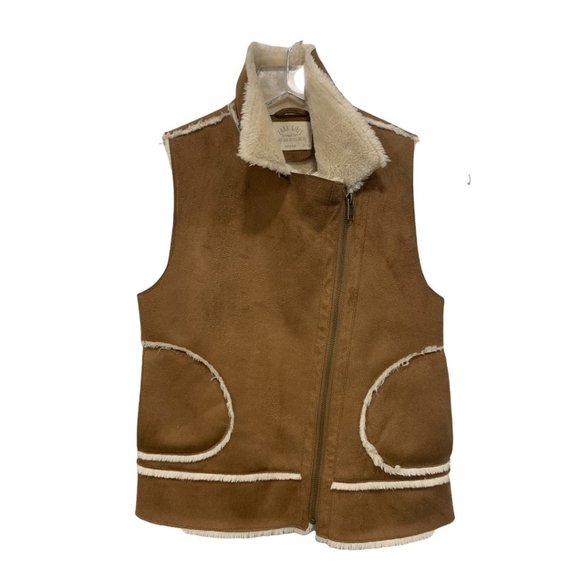 Zara Girls Size 9 / 10 140 cm Faux Suede Shearling Vest Tan Zip Closure